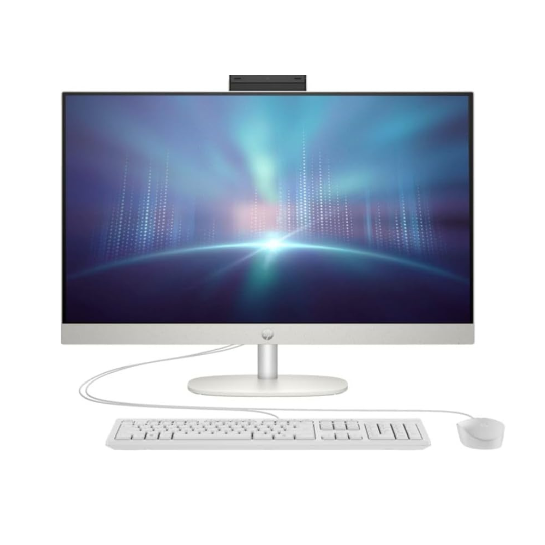 All-in-one computer with monitor, keyboard, and mouse on a white background